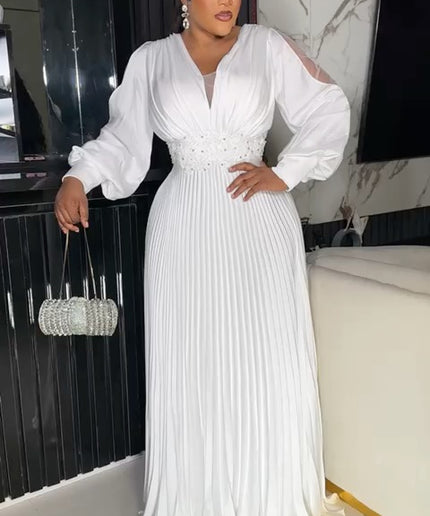 Pleated Slit Sleeves Rhinestone Maxi Dress