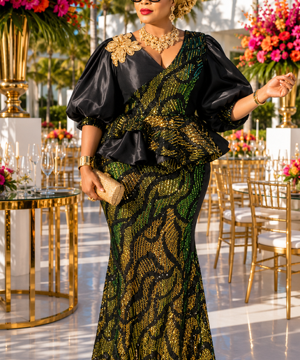 Gold Sequin Peplum Maxi Dress for Mother of The Bride Celebrant Party Birthday Wedding Guest Cocktail Dinner Formal Evening Gown