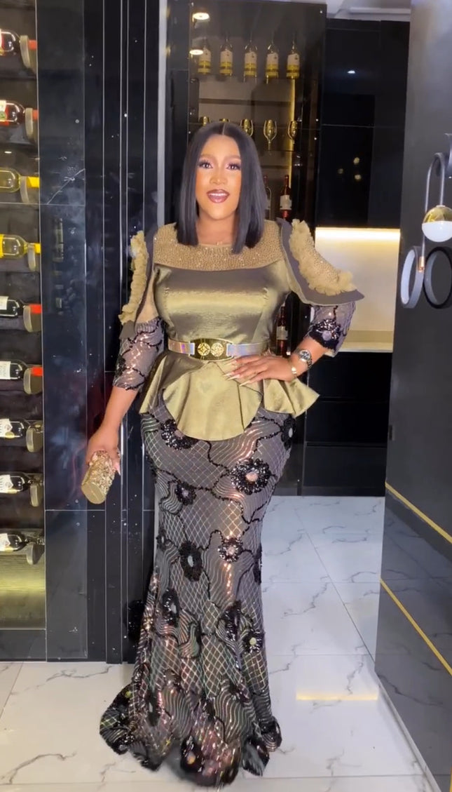 Olive Green Sequin Peplum Mermaid Dress - Mother of The Bride Wedding Guest Birthday Dinner