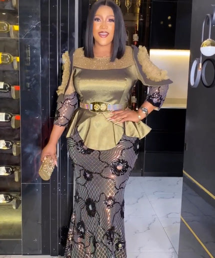 Olive Green Sequin Peplum Mermaid Dress - Mother of The Bride Wedding Guest Birthday Dinner