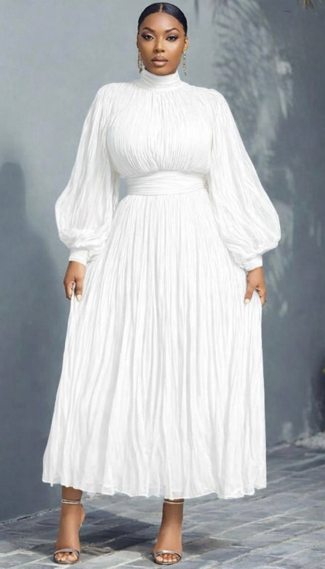 White Long Sleeve Ruched Tea Length Dress for Wedding Guest Birthday Dinner Party