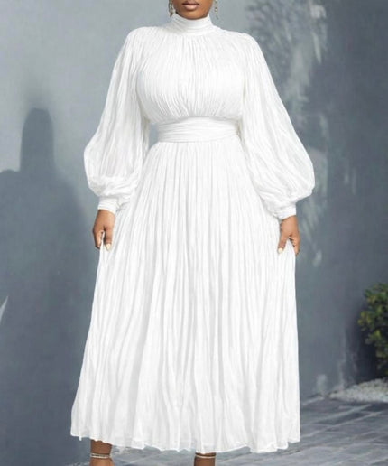 White Long Sleeve Ruched Tea Length Dress for Wedding Guest Birthday Dinner Party