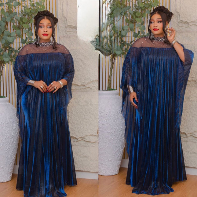 Blue Embellished Pleated Kaftan Asymmetrical Dress: Wedding Guest Attire, Mother of The Bride Outfit Graduation Cocktail Birthday Party