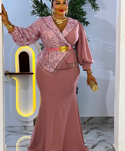 Fabulous Burgundy Sequin Beaded Peplum Mermaid Dress for Wedding Birthday Gala Church Anniversary Mother of The Bride Outfit