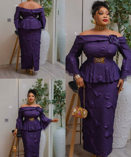 Elegant Purple Off-The-Shoulder 3D Flower Flare Sleeve Peplum Dress for Wedding Guest Birthday Photoshoot Cocktail Dinner Reception