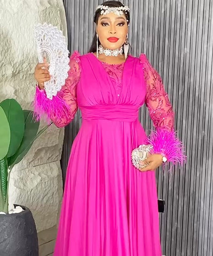 Sequin Feather Detail Sleeve Evening Gown