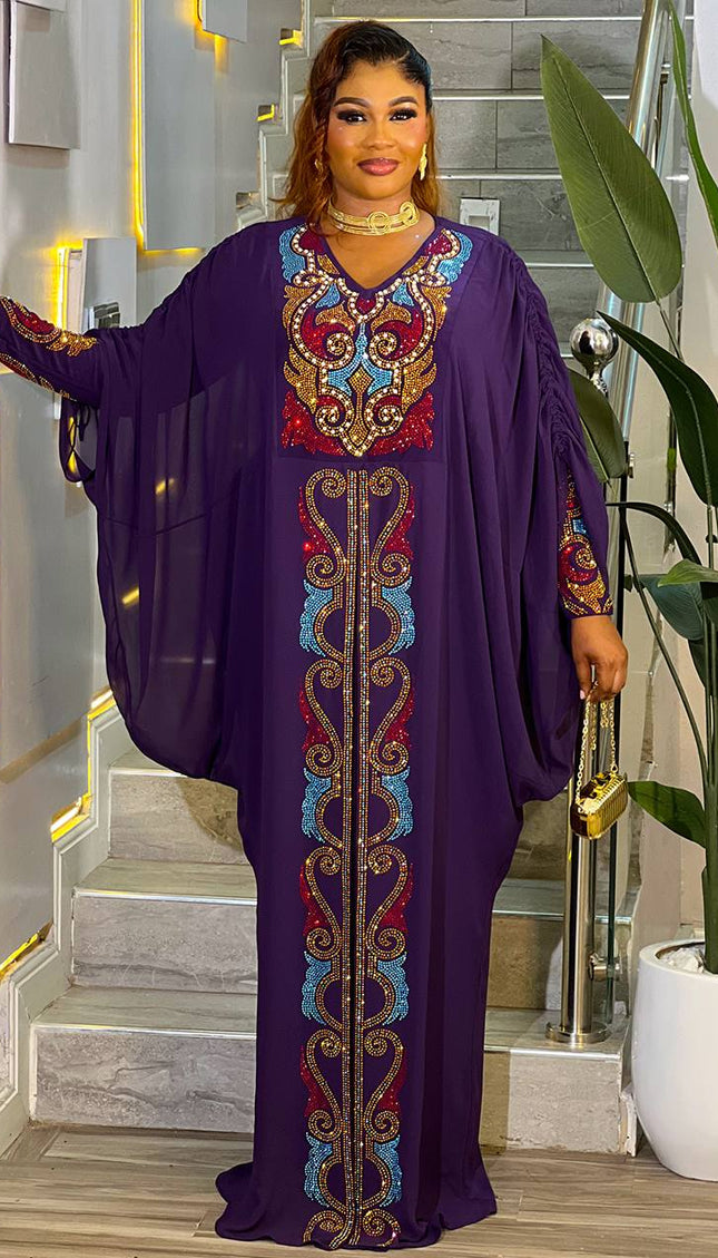 Purple Rhinestone Kaftan Dress, African Bubu Wedding Guest Outfit Dubai Abaya Birthday Party Church Anniversary