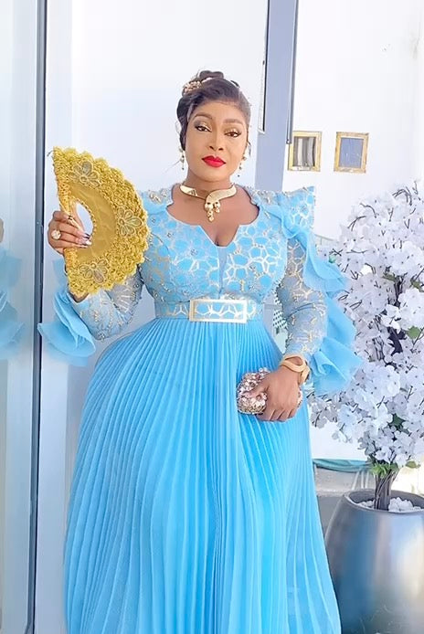 Pointed Sleeve Embellished Pleated Maxi Dress