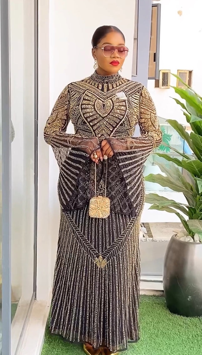 Bell Sleeve Beaded Embellished Gown | Celebrant Birthday Dress Wedding Guest