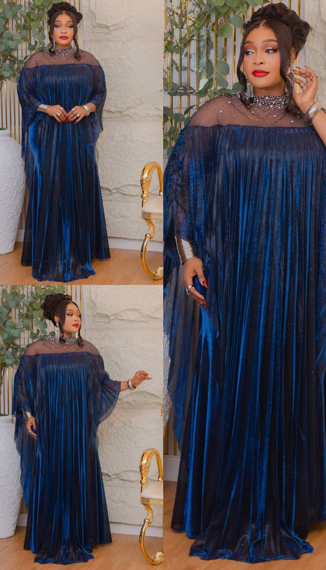 Blue Embellished Pleated Kaftan Asymmetrical Dress: Wedding Guest Attire, Mother of The Bride Outfit Graduation Cocktail Birthday Party