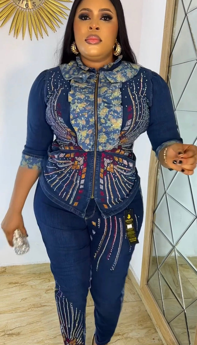 Rhinestone Top and Pants Jeans Set Stretch Curvy Weekend Bling Denim