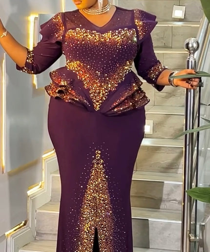 Sparkly Black Rhinestone Embellished Peplum Maxi Dress: Mother of The Bride Wedding Guest Birthday Party Cocktail