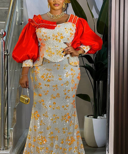 Orange Sequin Embellished Puff Sleeve Mermaid Dress: Cocktail Dinner Anniversary Wedding Guest Attire