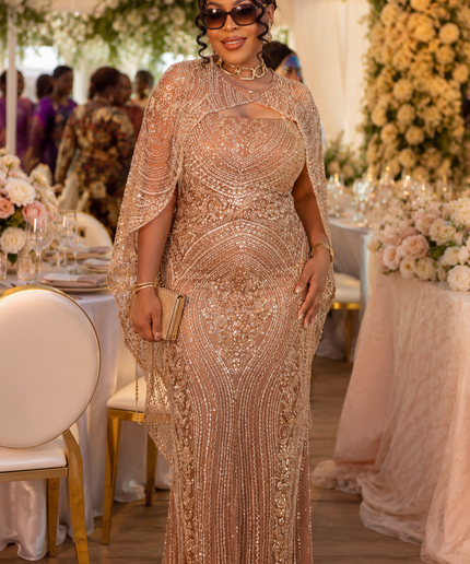 Brown Beaded Embellished Off-The-Shoulder Cape Mermaid Dress for Party Cocktail Wedding Guest Birthday Photoshoot Mother of The Bride Gala