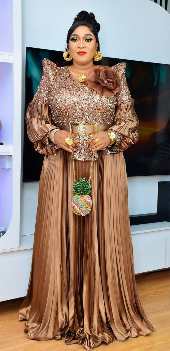 Sequin Bishop Sleeve Maxi Dress Floor Length Mother of The Bride A-Line Gown