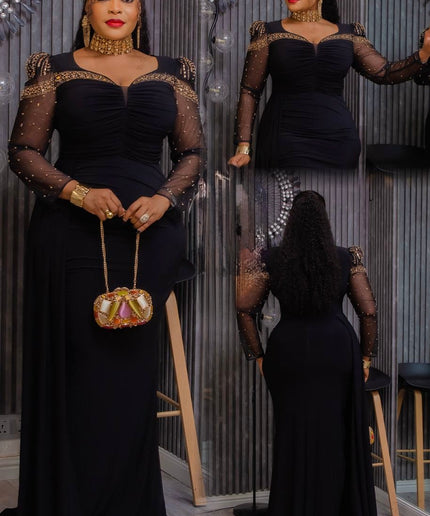 Black Rhinestone Embellished Stretch Ruched Draped Maxi Dress: Wedding Guest Birthday Cocktail Party Black Tie Attire