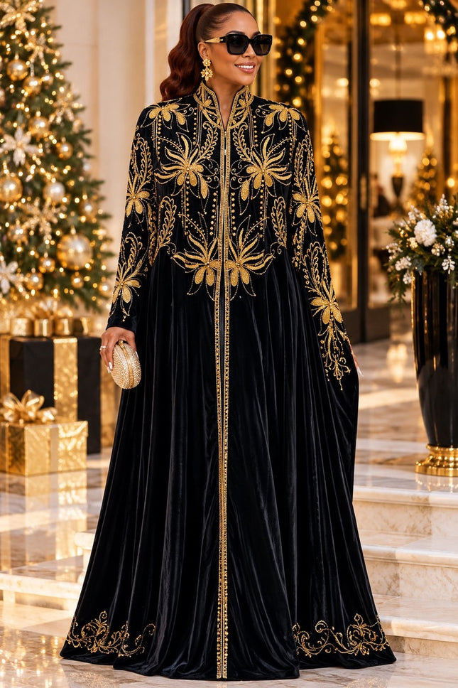 Luxury Black & Gold Beaded Embroidery Velvet Kaftan Cape Dress 2-Piece Set for Holiday Cocktail Party Wedding Guest Birthday Dinner Church Gala Formal Caftan Gown Plus Size