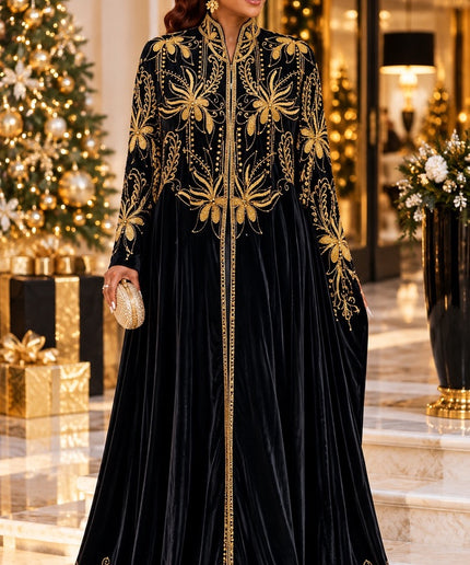 Luxury Black & Gold Beaded Embroidery Velvet Kaftan Cape Dress 2-Piece Set for Holiday Cocktail Party Wedding Guest Birthday Dinner Church Gala Formal Caftan Gown Plus Size