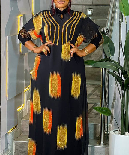 Sparkly Orange Embellished Mandarin Collar Kaftan Maxi Dress for Summer Wedding Guest Formal Evening Attire