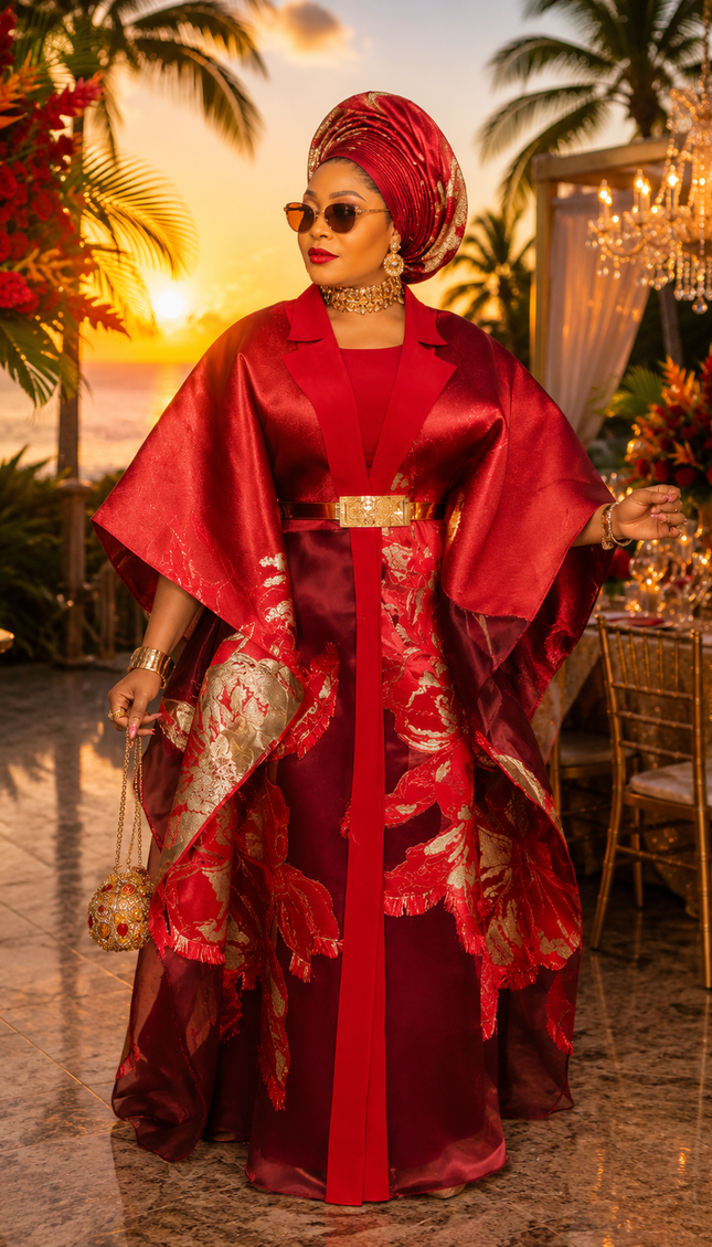 Luxury Red and Gold Brocade Kaftan Set, Elegant Formal Evening Gown Mother of The Bride Wedding Guest Attire Birthday Cocktail Party 2-Piece Outfit