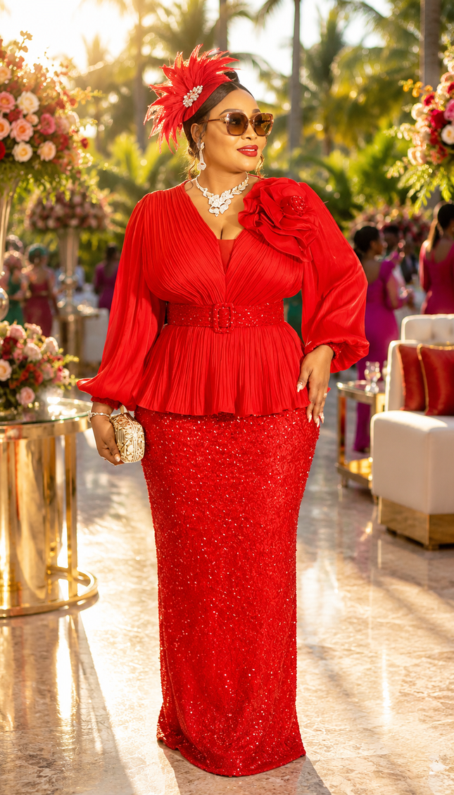 "The Statement Maker" Red Beaded 3D Flower Pleated Peplum Maxi Dress for Mother of The Groom Wedding Guest Anniversary Celebrant Birthday Cocktail Reception Holiday Party Outfit