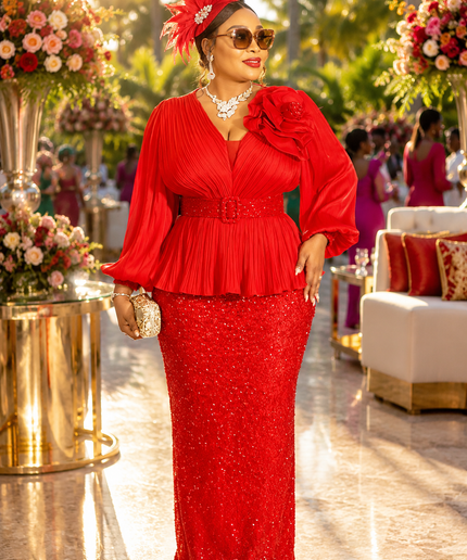 "The Statement Maker" Pink Bead-Embellished 3D Flower Pleated Peplum Maxi Dress for Mother of The Bride Wedding Guest Church Anniversary Celebrant Birthday Party Dinner Outfit