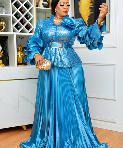 Sequin Ruffle Wedding Guest Outfit Plus Size Mother of The Bride, Peplum Top & Pleated Skirt 2 Piece Matching Set, Curvy Women Fashion