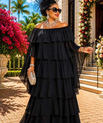 Pink Off-The-Shoulder Tiered Flower Flare Chiffon Maxi Dress for Wedding Guest Church Mother of The Bride Formal Evening Gown