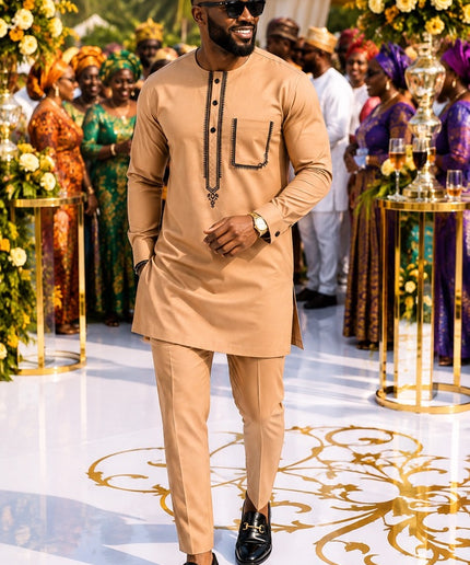 Luxury Men's African Wedding Guest Attire Black Embroidered Cotton Shirt & Pants 2-Piece Outfit for Groom Groomsmen Aso Ebi Father of The Bride Engagement Party Naming Ceremony Graduation Church Birthday Dinner Dashiki Buba & Sokoto