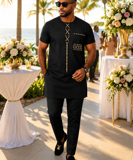 Men's Burgundy Embroidered Cotton Short Sleeve Shirt & Pants, African Wedding Guest Groom Groomsmen Father of The Bride Attire Engagement Ceremony Birthday Party Outfit