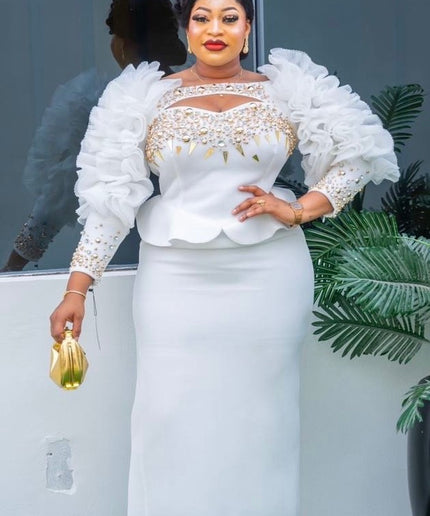 embellished wedding guest dress Dramatic Embellished Ruffle Wedding Guest Dress All White Party Outfit – FASHIONISKO