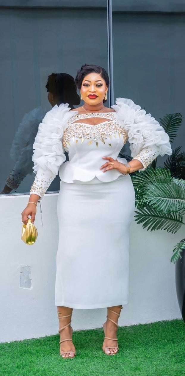 embellished wedding guest dress Dramatic Embellished Ruffle Wedding Guest Dress All White Party Outfit – FASHIONISKO