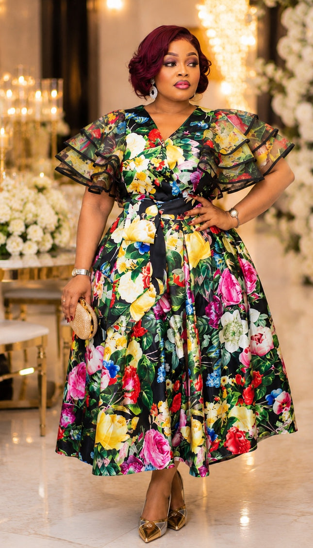 Classy Floral Ruffle Sleeve Twirl Flare Skater Midi Dress - Wedding Guest Mother of The Bride Graduation Church Anniversary Birthday Cocktail Reception Tea Party Outfit
