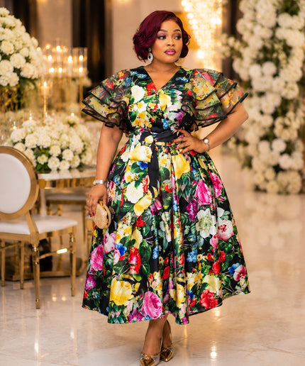 Yellow Floral Ruffle Sleeve Twirl Flare Skater Midi Dress - Wedding Guest Graduation Church Anniversary Birthday Cocktail Tea Party Outfit