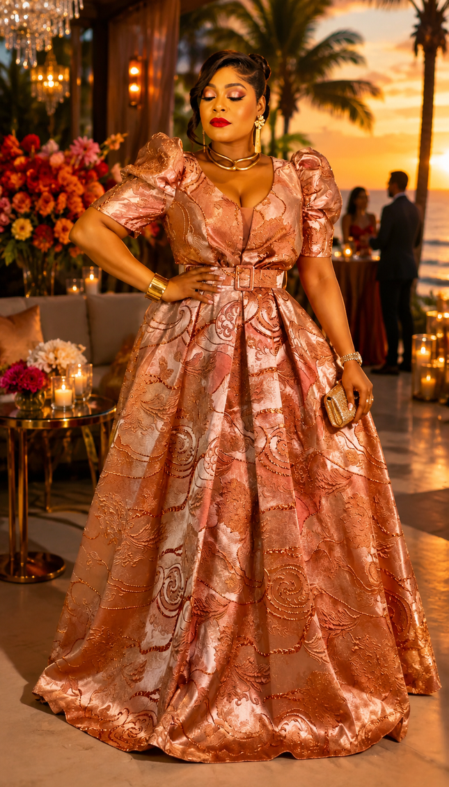 Glamorous Burnt Orange Brocade Pleated A-Line Dress Rustic Long Formal Evening Gown Mother of Bride Wedding Guest Bridal Photos Holiday Cocktail Reception Birthday Party Outfit