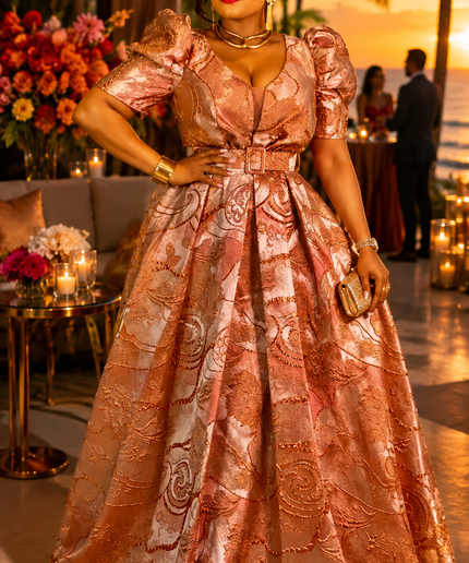 Glamorous Burnt Orange Brocade Pleated A-Line Dress Rustic Long Formal Evening Gown Mother of Bride Wedding Guest Bridal Photos Holiday Cocktail Reception Birthday Party Outfit