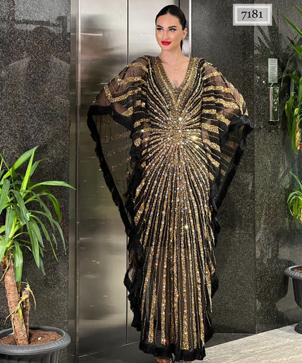 Metallic Gold Embellished Kaftan Dress | Wedding Birthday Mother-of-The-Bride