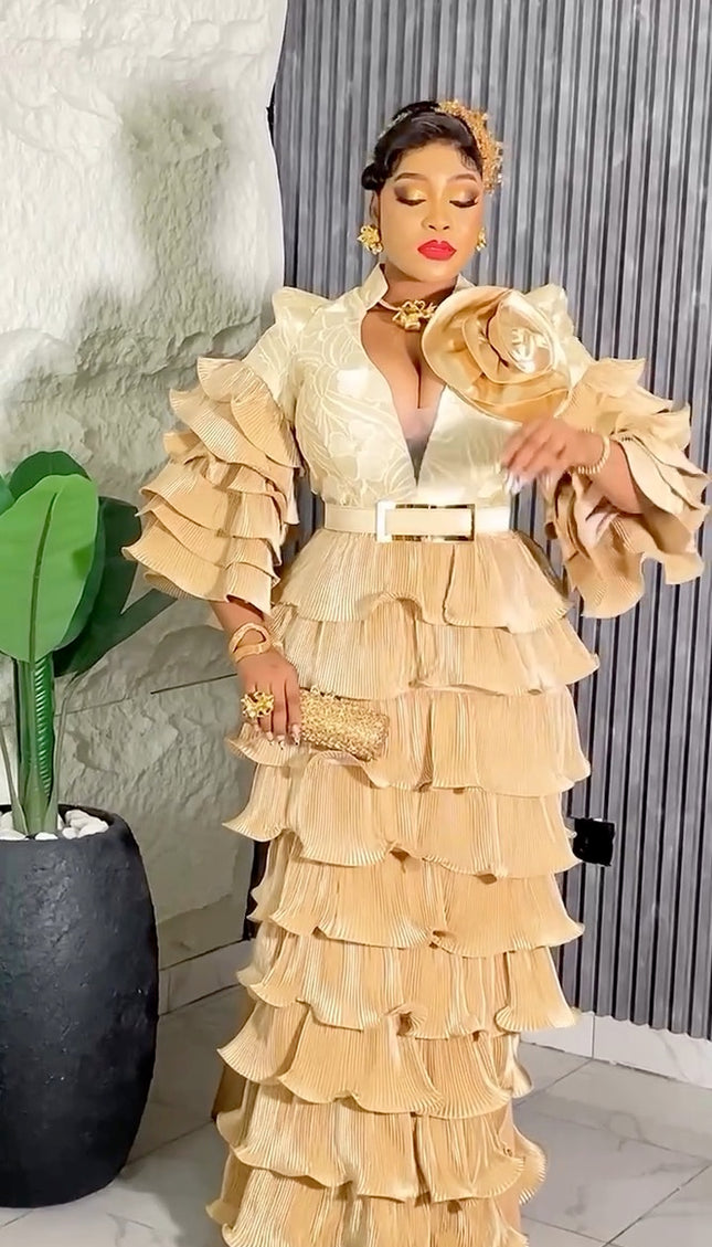 Waterfall Ruffles Wedding Guest Dress Maxi Embroidered Rosette Plus Size Mother of The Bride Evening Wear Cocktail Birthday Party