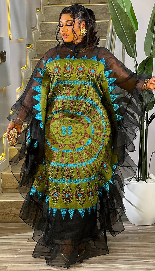 Colorful Green Brocade Ruffle Kaftan Dress: Wedding Party Cocktail Birthday Dinner