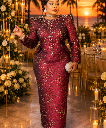 Luxury Magenta Brocade Beaded Peplum Power Shoulder Top & Skirt Outfit for Party Celebrant Birthday Cocktail Reception Wedding Church Mother The Bride