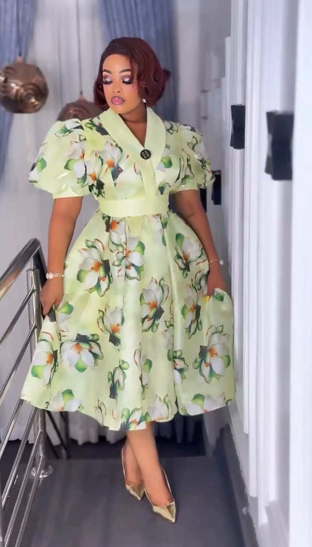 Pink Floral Dramatic Sleeve Twirl Skater Midi Dress for Summer Wedding Guest Birthday Cocktail Church Anniversary Graduation Party Outfit