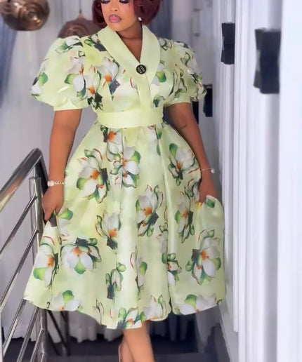 Pink Floral Dramatic Sleeve Twirl Skater Midi Dress for Summer Wedding Guest Birthday Cocktail Church Anniversary Graduation Party Outfit