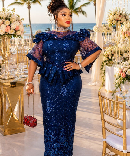 Standout Purple Sequin Embellished Ruffle Peplum Top & Skirt Set for Mother of The Bride Wedding Guest Celebrant Birthday Party Cocktail Reception Church Anniversary