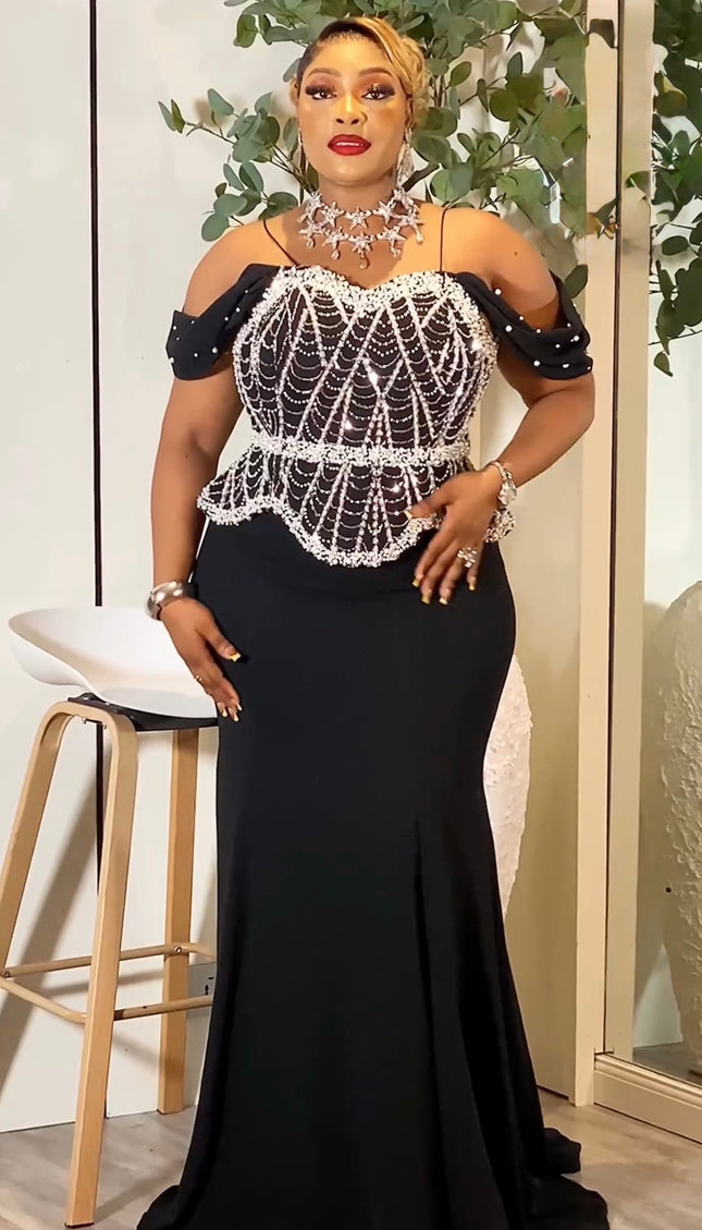 Sparkly Black Off-The-Shoulder Embellished Peplum Mermaid Gown