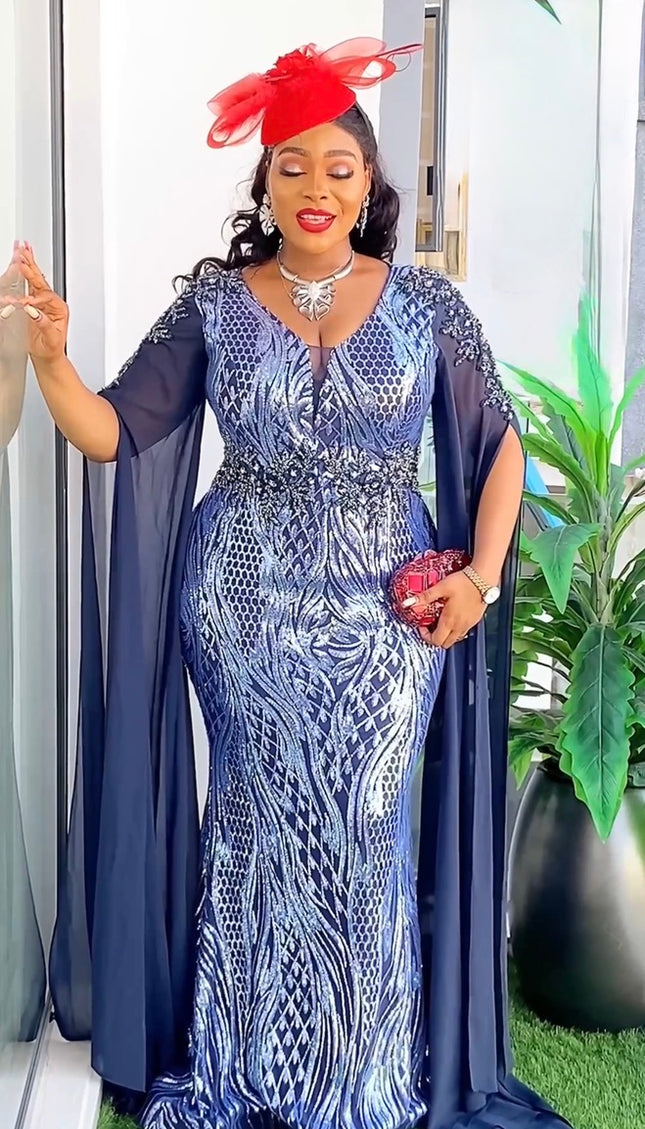 Cape Sleeve Gold Sequin Cocktail Mermaid Dress, Wedding Guest Maxi Dress, Plus Size Mother of The Bride Gown, Party Birthday Dinner Celebrant Worthy