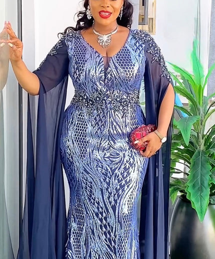 Cape Sleeve Gold Sequin Cocktail Mermaid Dress, Wedding Guest Maxi Dress, Plus Size Mother of The Bride Gown, Party Birthday Dinner Celebrant Worthy