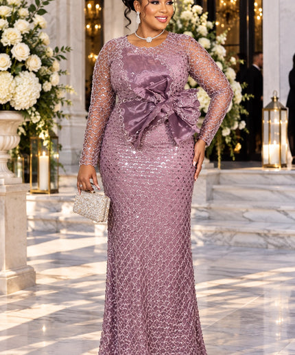 "Too Glam To Handle" Gold Sequin Formal Evening Gown with Statement Organza Bow for Mother of The Bride Wedding Guest Holiday Cocktail Reception Celebrant Birthday Party Plus Size