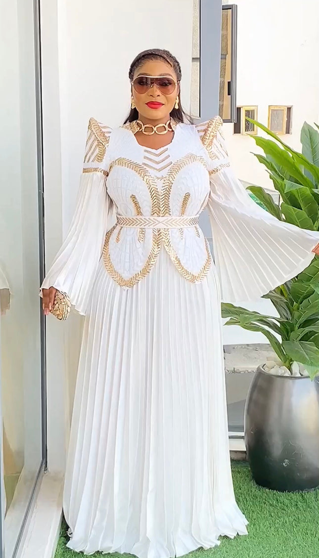 Sequin Pointed Shoulder Pleated Maxi Dress | Wedding Guest Birthday Party Gala