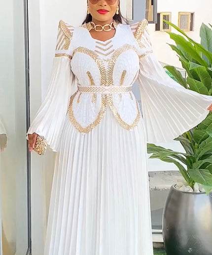 Sequin Pointed Shoulder Pleated Maxi Dress | Wedding Guest Birthday Party Gala