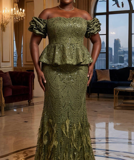 Dramatic Off-The-Shoulder Sequin Embellished Feathered Peplum Dress: Birthday Party Mother of The Bride Wedding